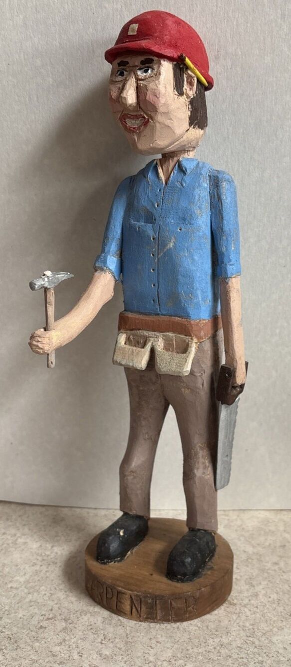 Vintage Wood Hand Carved Folk Art Figurine Carpenter Hammer Saw Tool Belt